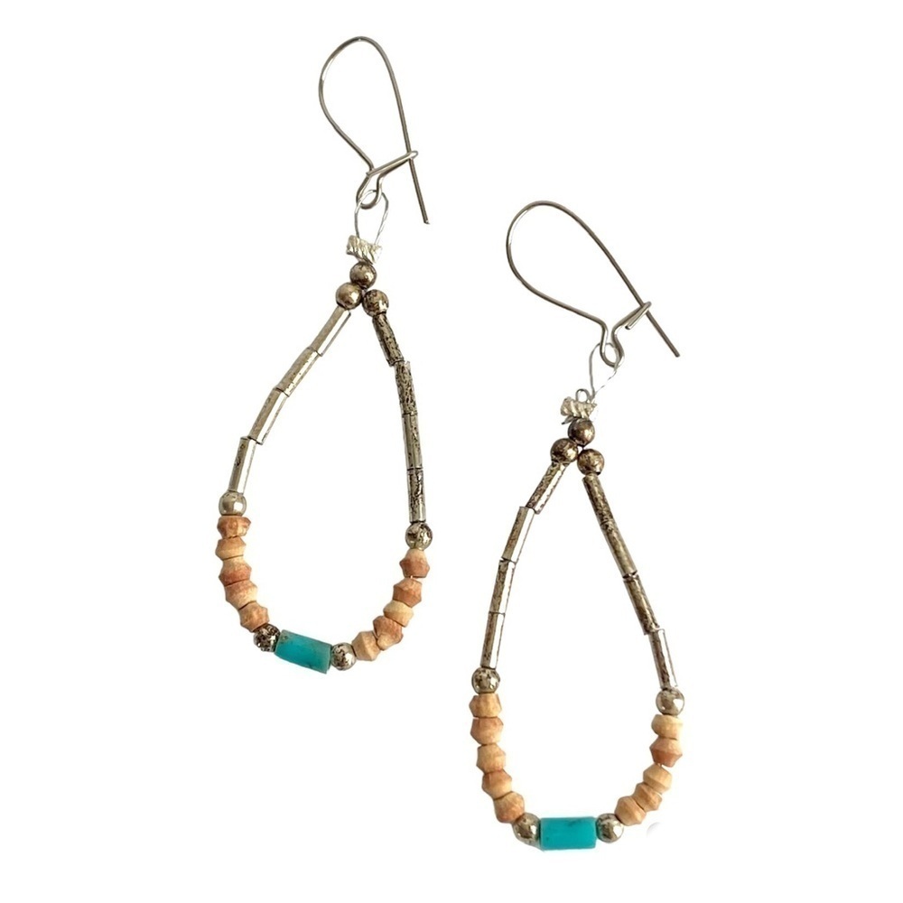 Vintage Turquoise Native American Teardrop Earrings Heishi Bead‎ Loop Silver